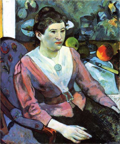 Portrait of woman against the Cezanne's still life with apples